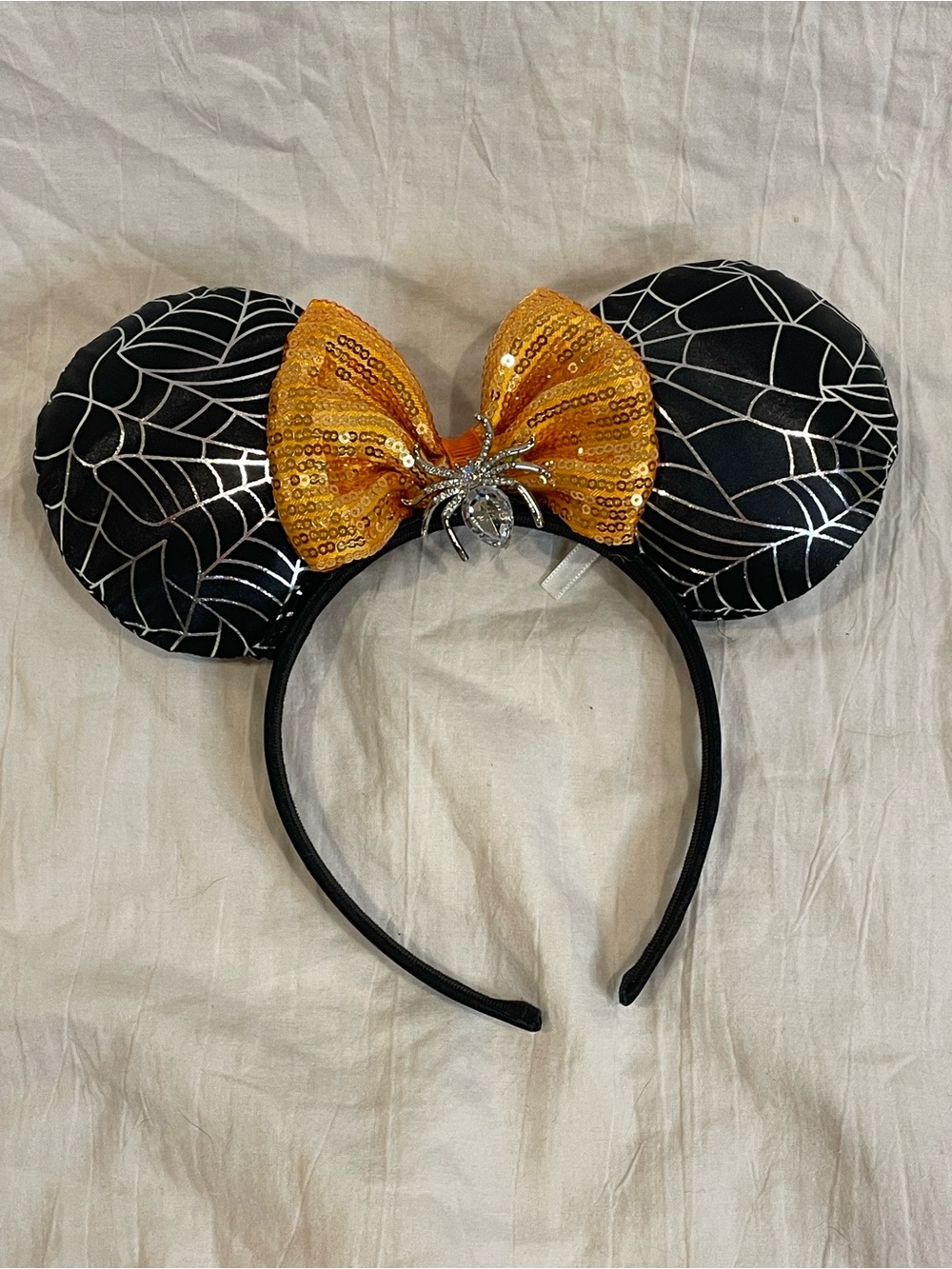 Disney Minnie Mouse Halloween Spiderweb Ears Orange Sequin Bow Rhinestone Spider